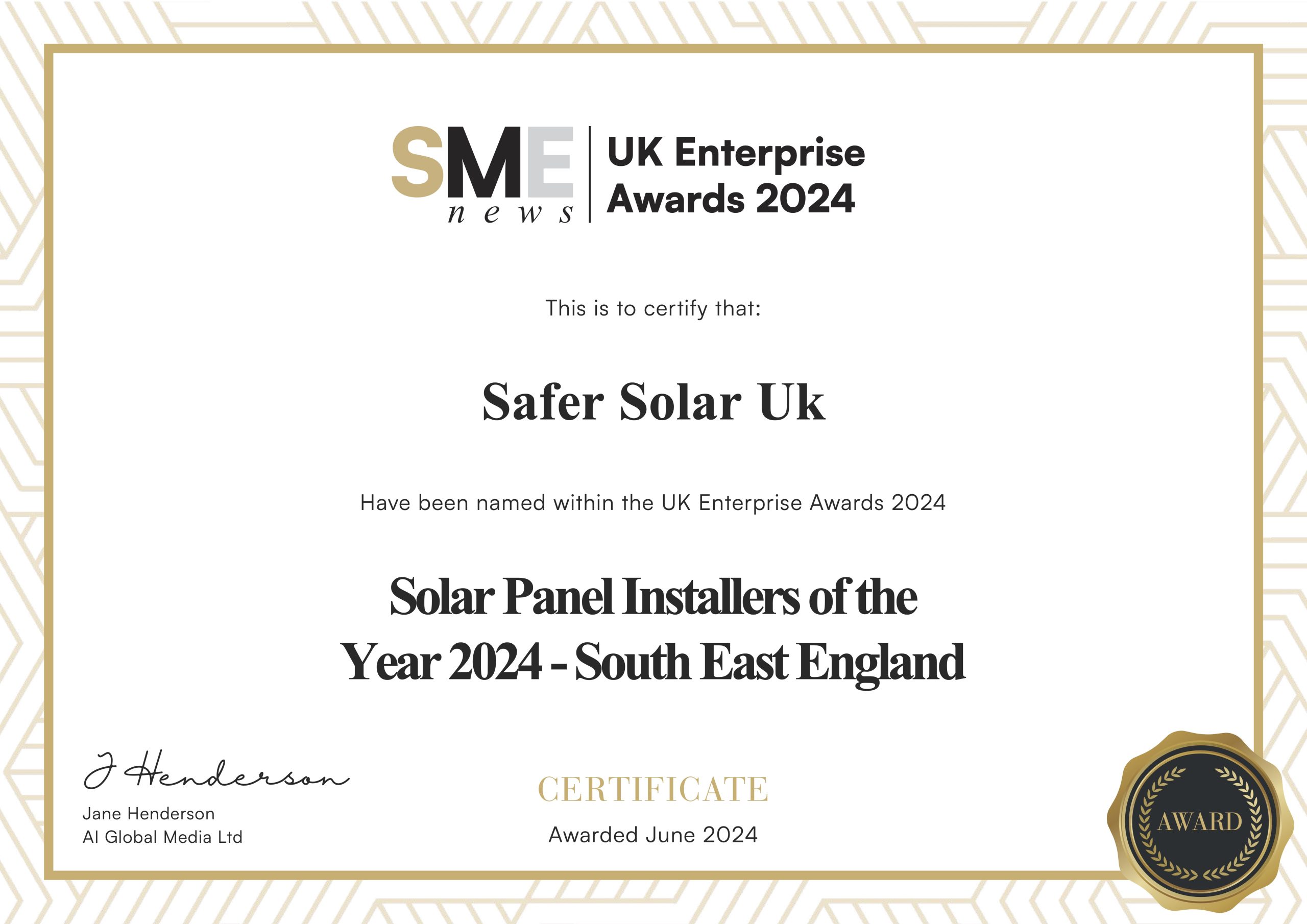 Jun24431_Safer Solar Uk_SME 2024 UK Enterprise Awards Certificate_compressed
